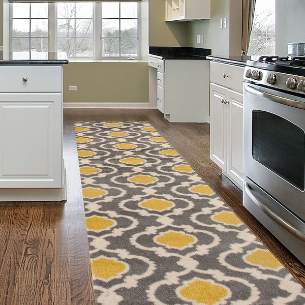 World Rug Gallery Moroccan Trellis Contemporary Gray/Yellow Runner Rug 2'x10' 310YELLOWGRAY2X10 - main